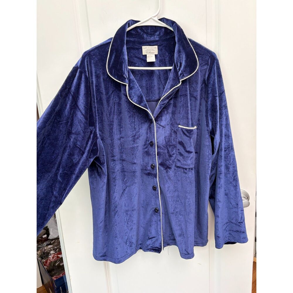 Lati Fashion Royal Blue Velour Pajama Set Button Down Pants Womens XL Plush Cozy